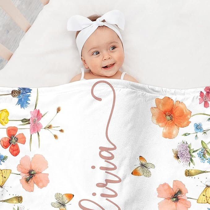 Personalized Swaddle Baby Blankets with Name Plants Flowers, Customized Floral Nursery Blanket for Girls, Newborn Shower Gifts for Baby Girls, Christmas Birthday Gift