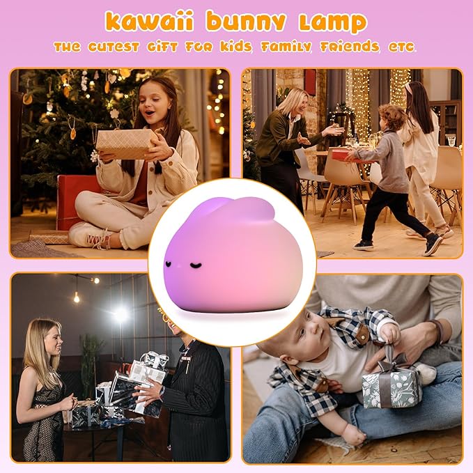 Cute Bunny Night Light, 3 Level Dimmable Nursery NightLight for Kids, Silicone Squishy Rabbit Lamp with Tap Control & Timer for Breastfeeding Toddler Baby Kids Decor Gift