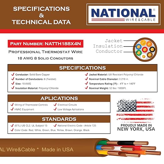 18/8 100Ft. NATIONAL Wire&Cable Thermostat Doorbell HVAC Heating Control Professional Cable Wire - Made in USA - 100% Solid Copper Conductors, CL2 ETL Listed, Low Voltage Applications Use