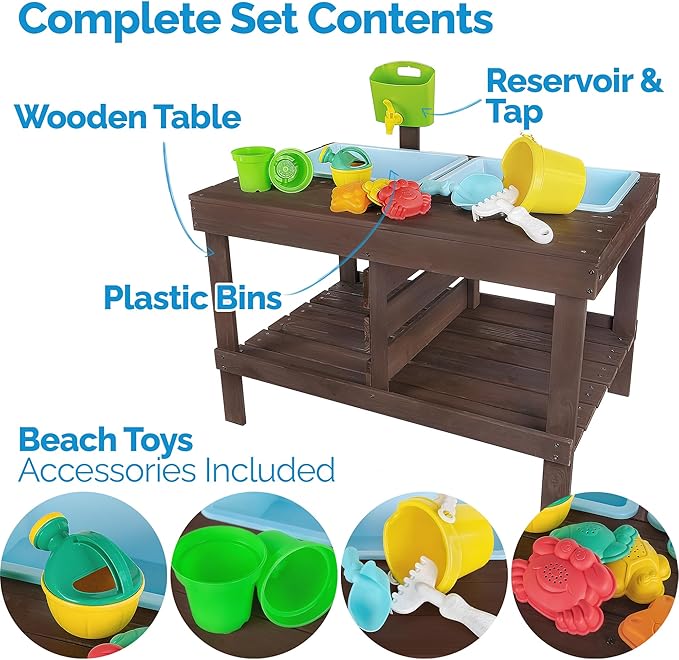 WONKAWOO Sand and Water Table for Toddlers | Outdoor Wooden Sensory Sand Table with 2 Plastic Bins, Built-in Water Tap and Beach Toys Included | Sand & Splash Oasis™ Standing Play Activity Table