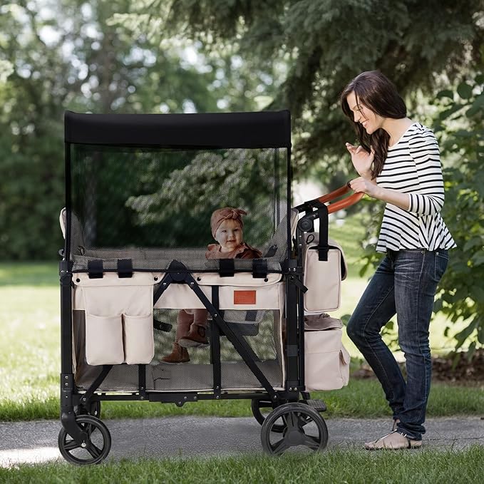 Wagon Stroller for 2 Kids, High Seat & 5 Point Harness, Foldable All-Terrain Wagon for Toddler with Canopy, Parent Organizer, Shoulder Bag, Adjustable Handlebar, Ultimate Double (Beige)
