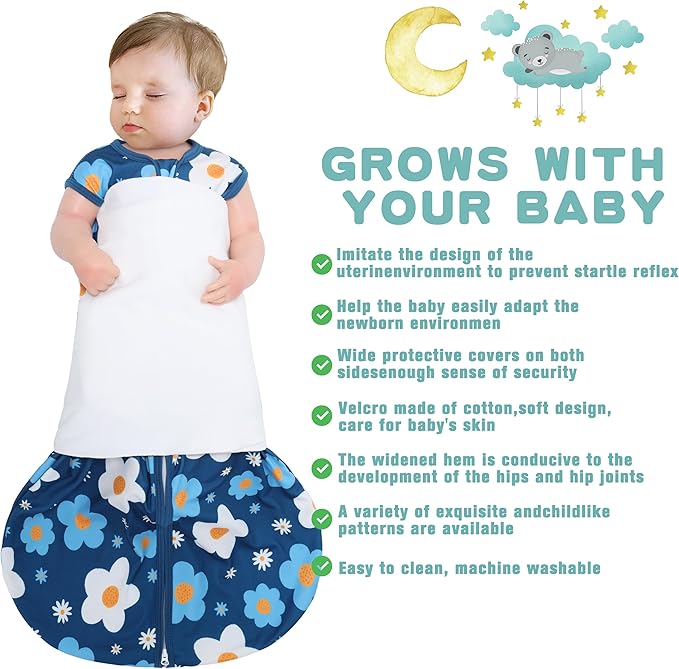 Newborn Sleep Sack Baby Swaddle,3-Way Adjustable Wearable Blanket,100% Rayon Cotton Swaddling Sleeping Bag，TOG 0.5 (Gerbera & Tulips, 3-6 Months)