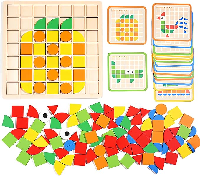 Mosaic Shape Wooden Pattern Blocks Puzzle, 120 PCS Wooden Pattern Blocks with 20 Pcs Design Cards,Kindergarten Classic Educational Geometric Shape Puzzle Toys for Kids Ages 4-8