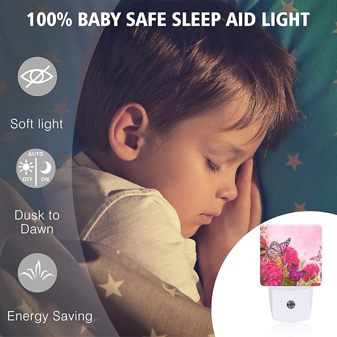 Butterfly and Flower Night Lights Plug into Wall for Girls Boys Room, Night Lights LED Lamp with Dusk to Dawn Sensor Nightlight for Bedroom Kitchen Bathroom Hallway Home Wall Decor