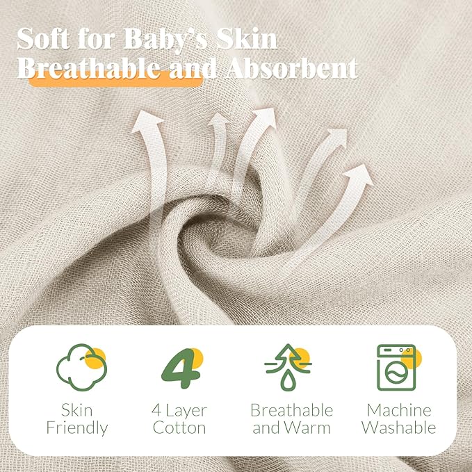 Preboun 6 Pcs Muslin Hooded Baby Towels and Washcloths 32"x 32" Cotton Newborn Bath Towel Anti-Shrink Infant Baby Blankets with Hood 12"x 12" Washcloths for Girl Boy Toddler(Ivory,Green)