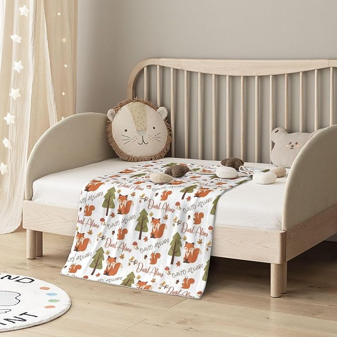 Ship Next Day, Personalized Baby Blanket for Boys Girls - Printed in USA, Custom Name Toddler Blanket with Fox Pattern, Perfect Newborn Gift