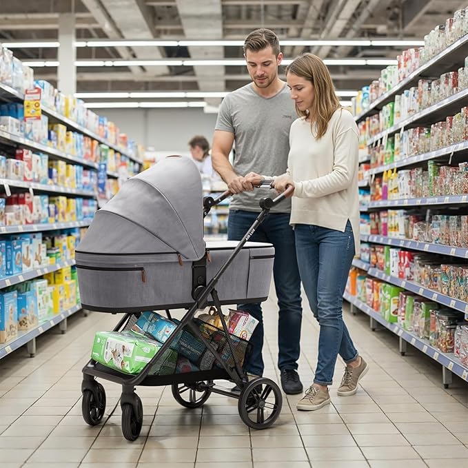 MAMAZING Air Lux Baby Stroller with Bassinet & Infant Car Seat Adapter, Lightweight Compact Carbon Fiber Frame, One-Hand Fold, Reversible Seat, Space-Saving Storage