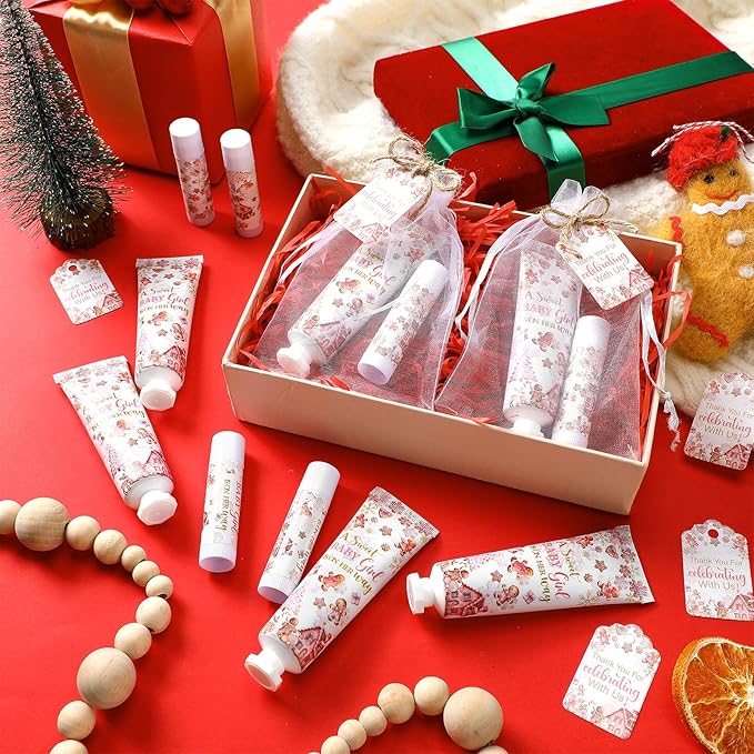 24 Sets Christmas Gingerbread Baby Shower Hand Cream and Lip Balm Gift Christmas Baby Shower Party Favors Travel Size Hand Lotion and Lip Balm Bulk Wedding Bridal Party Supplies for Guest
