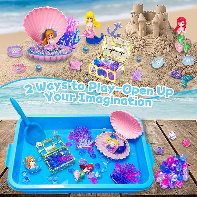 Sensory Bins for Toddlers,Sensory Toys Play Sand Art Kit with Sandbox & Sand Castle Molds & Tools,Indoor Outdoor Beach Toys for Boys and Girls Christmas Birthday Gift (Mermaid Paradise)