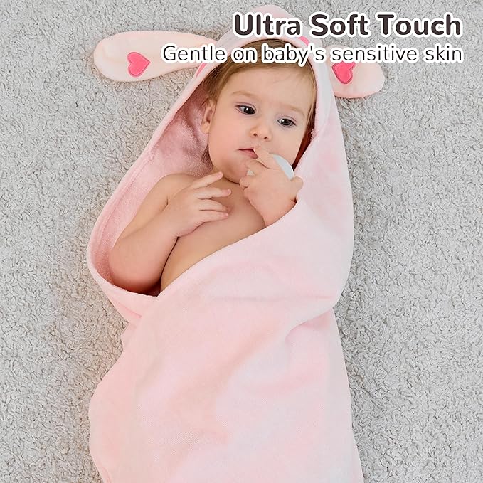Viviland 2 Pack Hooded Baby Towels, Soft 100% Cotton Baby Bath Towels with Hood, Extra Thick and Absorbent, Essential for Newborns, Kids, Infants - Girls and Boys (Dog & Pink Rabbit)