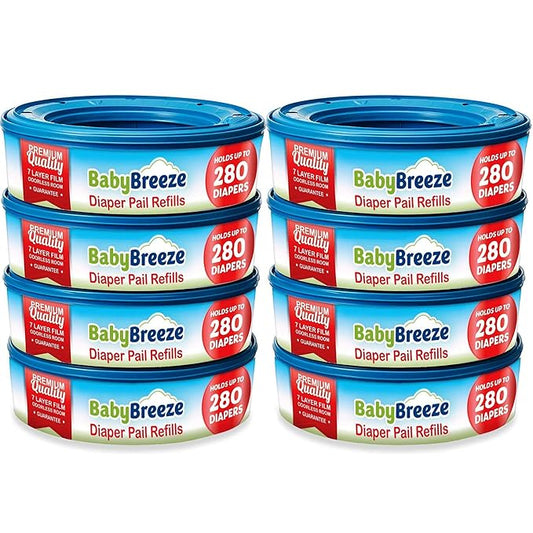 BabyBreeze Diaper Pail Refill Bags Compatible with Playtex Diaper Genie Pails Odor Absorbing Diaper Disposal Trash Bags - 2240 Count (8-Pack)