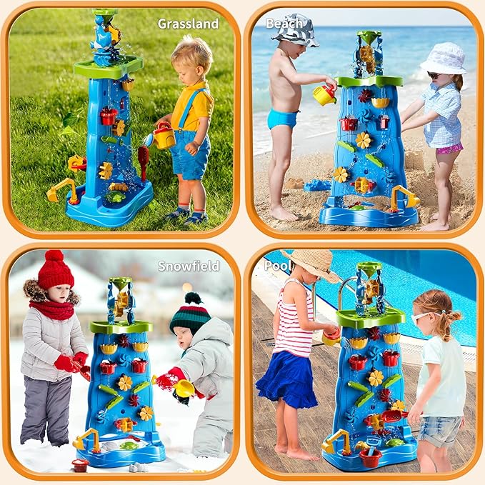 Water Table for Toddlers 1-3 Kids Ages 4-8, Double-Sided Waterfall Discovery Wall with Rich Activity Set, Summer Kids Outdoor Beach Sensory Sand Water Play Table Toys, Birthday Gifts for Boys & Girls