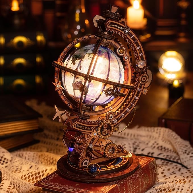 MU Model 3D Wooden Puzzles Rotating World Globes USB Charging Illuminated Craft Work 3D Metal Puzzles for Adult, Models Kits Music Boxes Miniature Building, DIY Set