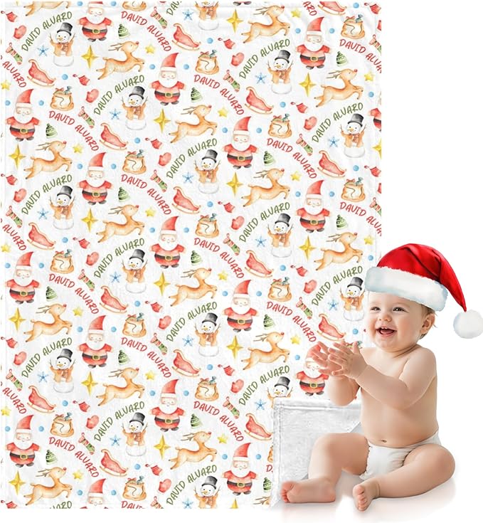 Ship Next Day - Custom Christmas Baby Blanket with Name | Multiple Styles Optional, Personalized Flannel Toddler Blanket, Christmas Swaddle for Boys & Girls, Xmas Decor Throw