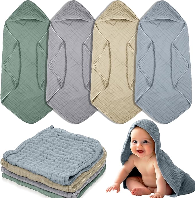 VitalCozy 8 Pcs Baby Muslin Hooded Bath Towels and Washcloths, 32 x 32 Inch Muslin Hooded Baby Towels Absorbent Blankets for Gift Newborn Infant Shower (Pastel Color)