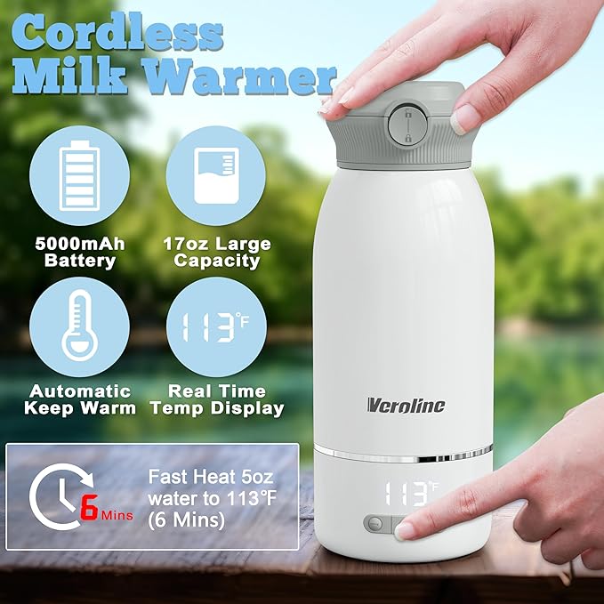 Portable Bottle Warmer, 17 Oz Travel Bottle Warmer with Super Fast Charging, Rechargeable Baby Bottle Warmer with Adjustable Temp & Keep Warm for Formula, Cordless Water Warmer Outdoor