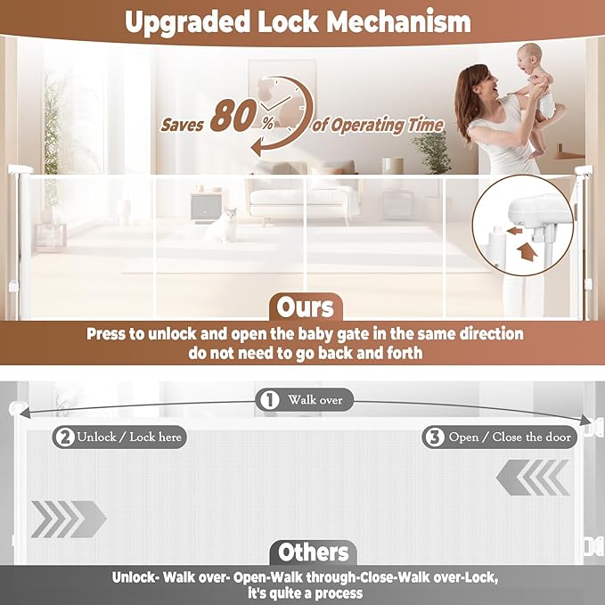 160" Retractable Baby Gate Extra Wide, 41" Tall Retractable Dog Gate for Stairs, Doorways, Decks, Mesh Gate Long Child Gate Pet Gate for Indoor, Outdoor, with Reinforced Mesh Rods, Dual Locks
