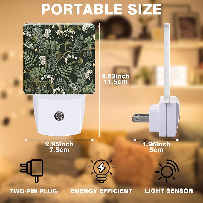 Botanical White Flowers Berries and Green Leaves Night Light, Plug-in Nightlight with Dusk to Dawn Auto Sensor for Home Bedroom Hallway Kitchen 0.5W Sleep Friendly Led Lamp for Women Men