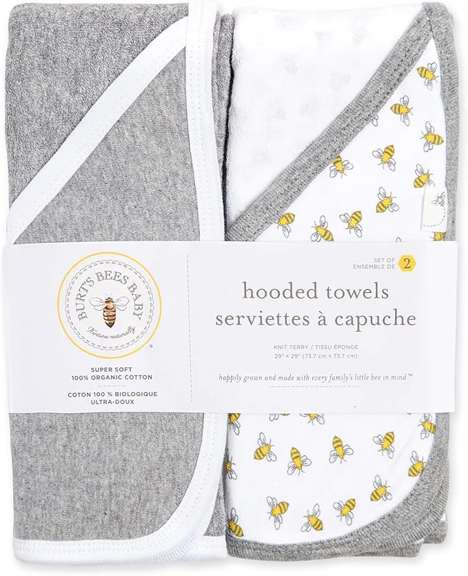 Burts Bees Baby Infant Hooded Towels Honey Bee Organic Cotton, Unisex Bath Essentials and Newborn Necessities, Soft Nursery Towel with Hood Set, 2-Pack Size 29 x 29 Inch