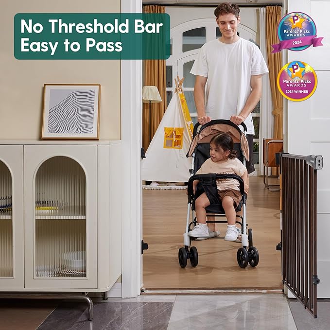 Babelio Baby Gate for Stairs & Doorways, 26-43" W 28" H No Bottom Bar| Easy Installation| One-Handed Operation| Auto-Close| Hardware Mount (Drill Needed) Safety Dog/Pet Gate (Black Wood Pattern)