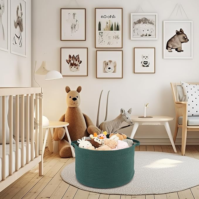 Large Cotton Rope Basket – 22"x14" Woven Storage Basket for Blankets, Toys, Laundry, and Nursery – Round Baskets for Living Room and Kids Dark Green