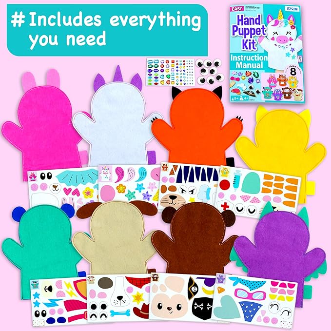 Unicorn Hand Puppet Making Kit for Kids Age 5-8 - DIY Puppet Making Craft Kit - Creative Arts & Crafts Set, Educational Gift - 8 Projects, Extra Stickers for Decoration