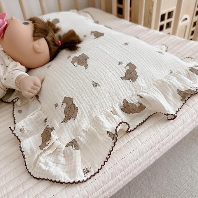 BuLuTu Cartoon Bear Muslin Pillowcase for Boys Girls Cute Animal Print Toddler Pillow Cases Soft Breathable Cotton Pillow Cover for Young Kids Bedding Nursery Decor,1 Piece, 20"x26"