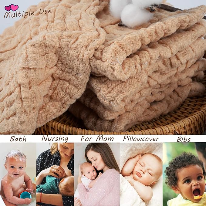 10 Pcs Baby Muslin Washcloths 100% Natural Cotton Unbleached, Extra Soft Baby Wipes Organic Burp Cloths Blank Bibs for Newborns Infants Sensitive Skin, Shower Gift Set 12"x12"