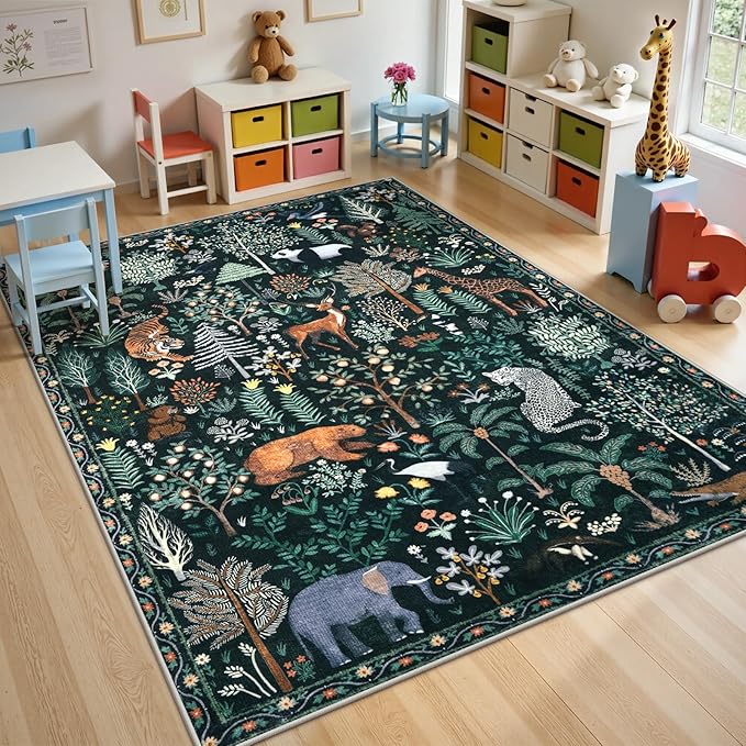 OJIA Jungle Print Nursery Rugs 8x10 Kids Room Rugs for Living Room Playroom, Green Soft Bedroom Rug Washable Area Rugs 8x10, Modern Dining Room Rug Stain Resistant Floor Carpet for Office, Green