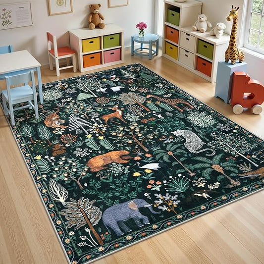 OJIA Jungle Print Nursery Rugs 8x10 Kids Room Rugs for Living Room Playroom, Green Soft Bedroom Rug Washable Area Rugs 8x10, Modern Dining Room Rug Stain Resistant Floor Carpet for Office, Green