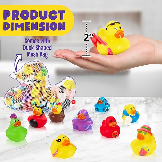Playbees Assortment Rubber Duck Toy Duckies for Kids - 25 Pack - Sensory Play, Stress Relief, Stocking Stuffers, Bath Birthday Gifts Baby Showers Classroom Incentives, Summer Beach and Pool Activity
