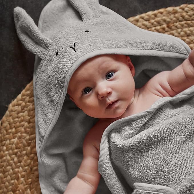 Baby Hooded Towel – Organic Cotton Baby Bath Towels – Baby Towels for Baby Boy, Baby Girl, Large 32" x 32" Super-Soft and Absorbent Baby Towels for Newborn (Rabbit - Pearl Grey)
