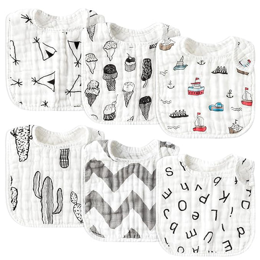Zainpe 6Pcs Snap Muslin Cotton Baby Bibs Summer Ice Cream Pattern Infants Drool Bib Soft Absorbent Adjustable Burp Cloths Feeding Cloth for Newborns Girls Boys Toddlers Teething Eating 0 to 36 Months