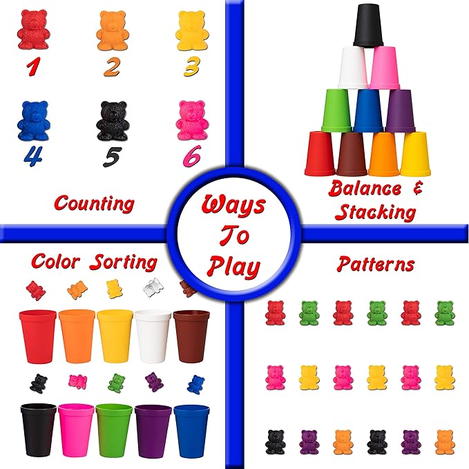 Colorful Counting Bears with Matching Cups - 100 Bears - Sort, Count & Color Recognition Learning Toy for Toddler & Kids - Montessori Education - Preschool Game
