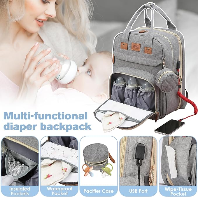 Diaper Bag Backpack, Large Diaper Bag with Changing Station, Baby Bag, New Mom Gifts, Lightweight Waterproof Unisex Diaper Bag with Insulated Pockets and USB Charging Port, Grey