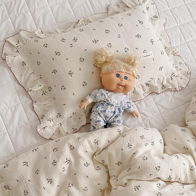 BuLuTu Beige Floral Toddler Pillowcase Muslin with Ruffles,Kids Girls Standard Pillow Cases Fit for Children Pillow Sized 16"x 22"/20"x 26", Envelope Closure, Primrose Pattern,1 Pack