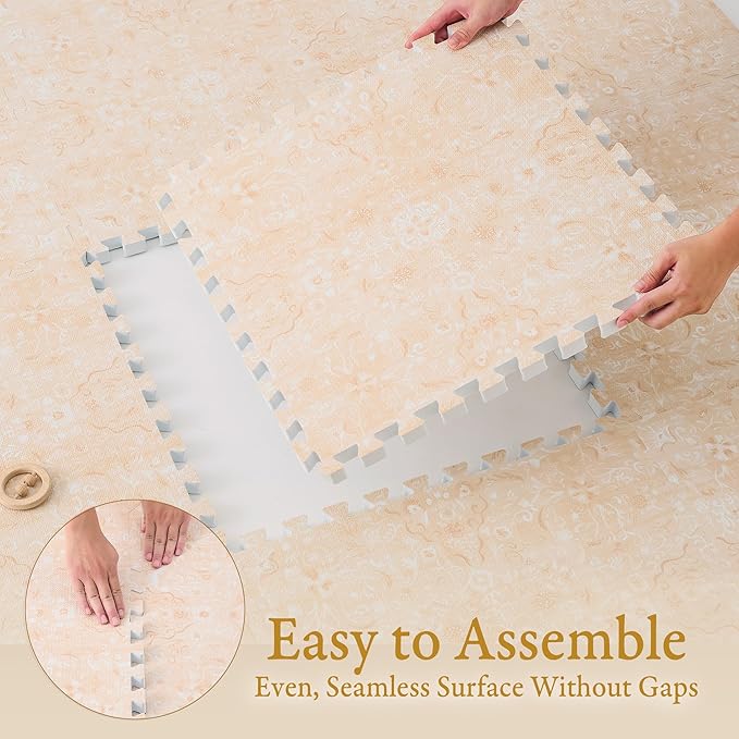PopsyKosy Premium Exercise & Baby Foam Play Mats - Stylish & Large Non-Toxic Odorless Floor Mat - 6 Tiles - Spacious 6ft x 4ft - Peel-Resistant Reinforced - Soft Thick, Waterproof - Light Apricot