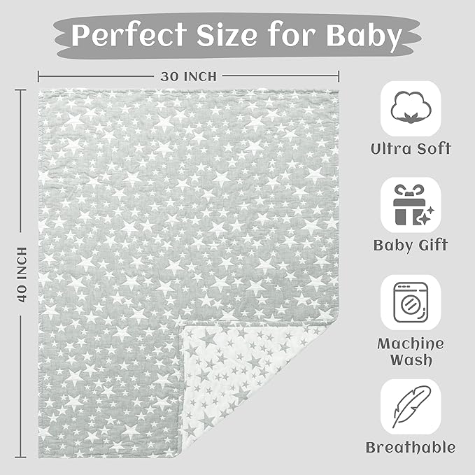 NTBAY 3 Layer Toddler Blanket, Muslin Cotton Jacquard Bed Blankets, Lightweight Thermal Baby Blanket, Super Soft and Warm Crib Blanket for All Seasons, Decoration Gift, 30"x40", Grey Star