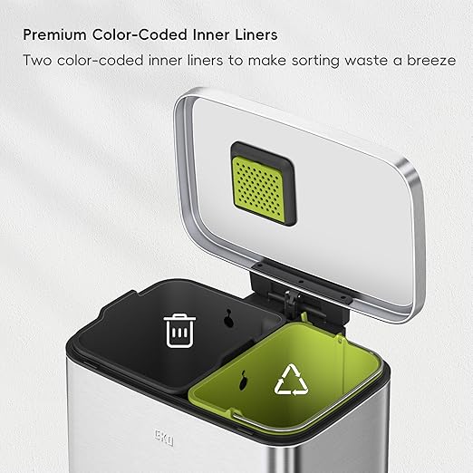 EKO Madison Brushed Stainless 25L+20L Dual Compartment Step Trash Can with Inner Liner, Recycling Bin, Soft-Close Lid, Fingerprint-Resistant Finish, and Durable Stainless Steel for Home and Office