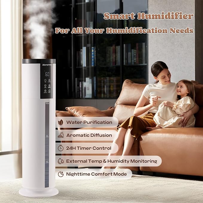 Moongiantgo 12L/3.17Gal Humidifiers for Large Room 500 sq.ft, 350ML/H Mist Output Cool Mist Humidifier with 4 Mist Modes&24H Timer, Quiet Humidifier with Aromatic Diffusion for Home Bedroom Baby Plant