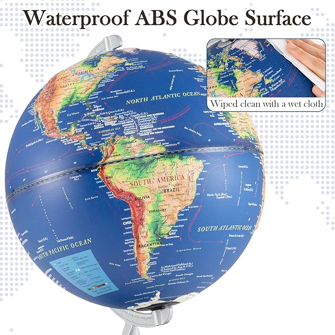 12" Illuminated World Globe, Desktop Globe with Raised Relief, LED Lights, Time Zone & Non-Slip Wooden Base, Geographic Terrain Globes for Decoration (Navy)