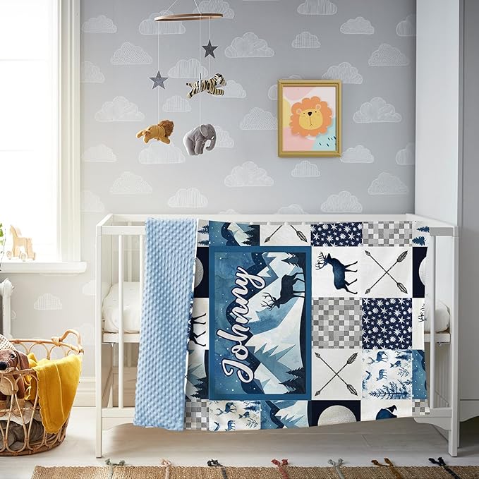 Personalized Woodland Deer Baby Blanket with Name, Custom Baby Name Blanket for Toddler Infant, Double Layer Receiving Swaddle, Customized Gifts for Newborn Shower Birthday Expect Mom(60"x80")