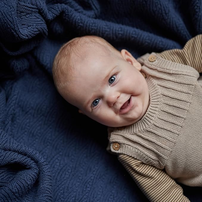 Knitted Organic Cotton Baby Blanket- Swaddle Blanket, 30" x 40" Soft Receiving Blanket for Newborn(North Sea Blue)