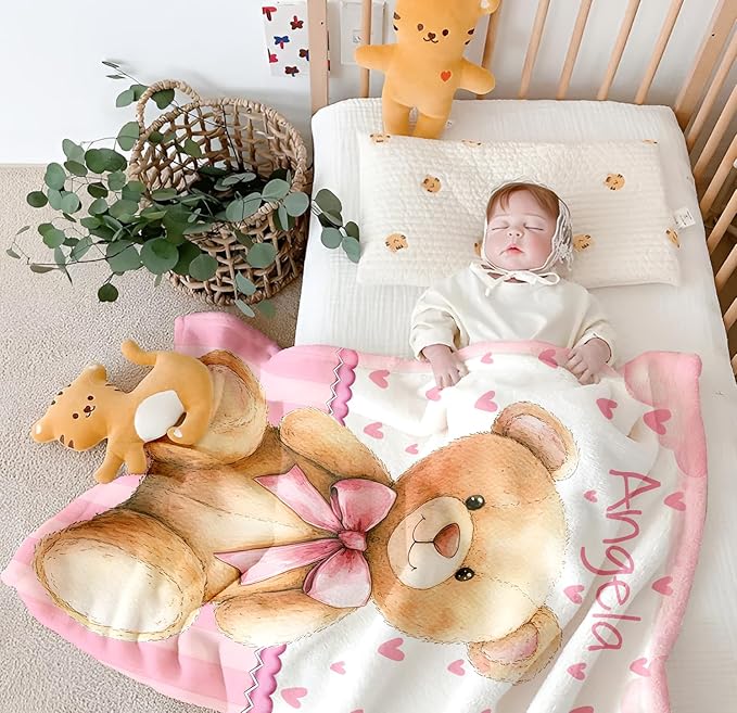 Personalized Baby Blanket for Girls, Custom Baby Blanket with Name, Soft Cozy Personalized Name Blankets for Kids, Customized Bear Blanket for Infant Toddler Birthday Christmas