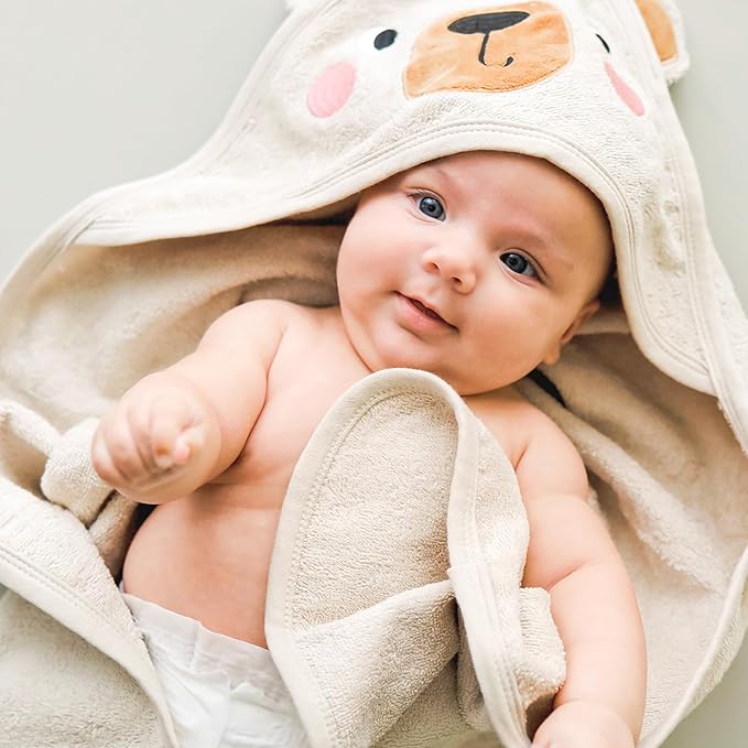 CuddleBug Hooded Baby Bath Towel & Washcloth Set (Bear) - 100% Cotton Terrycloth Hooded Baby Towels for Newborn & Toddler, Super-Soft & Ultra-Absorbent, Newborn Essentials (30" x 30") - Honey Beige