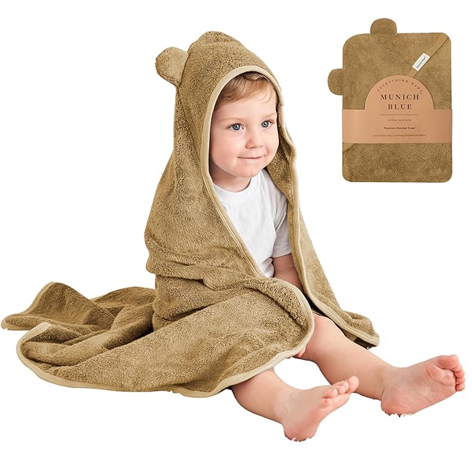 Munich Blue Toddler Bath Towel for Boys & Girls - Soft Baby Bath Towels with Cute Bear Ears - Cozy Baby & Toddler Towels, 600 GSM, 35x35 inch (Brown Sugar)