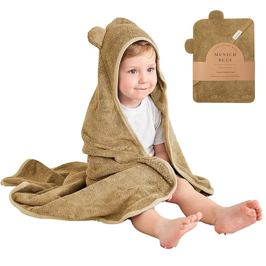 Munich Blue Toddler Bath Towel for Boys & Girls - Soft Baby Bath Towels with Cute Bear Ears - Cozy Baby & Toddler Towels, 600 GSM, 35x35 inch (Brown Sugar)