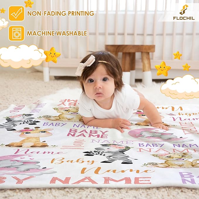 FLOCHIL Personalized Baby Blanket for Girls, Custom Baby Blanket with Name, Customized Baby Products, Gift for Baby, Newborn, Baby Shower (Monogram)
