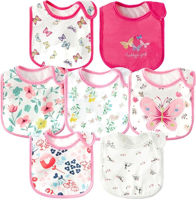 7Pcs Cotton Waterproof Baby Bibs Hook Loop Closure Newborn Bib Keepsake Baby Gift for Drooling Feeding Eating