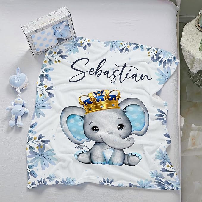 J&SBGFT Personalized Baby Blanket for Boys, Custom Name Blanket for Toddlers, Boys Stroller Crib Decor Throw, Blue Elephant